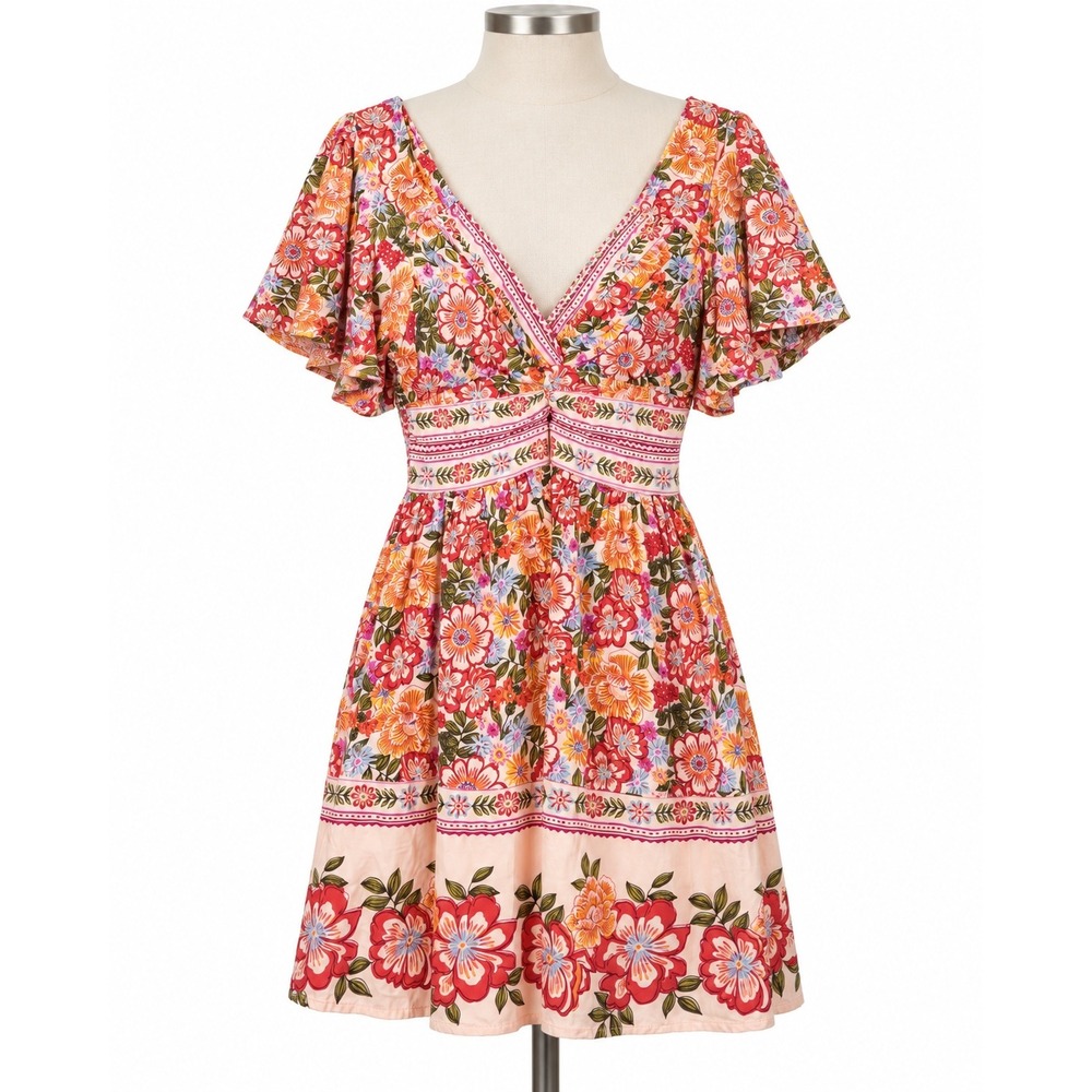 Angie Floral Mini Dress Womens Large Multi Boho Excellent Flutter Sleeve V-Neck